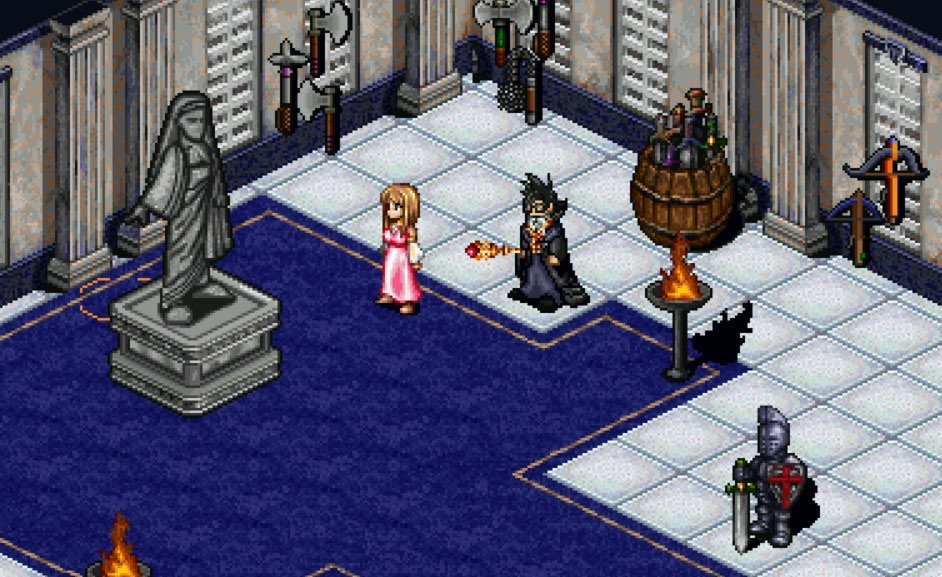 In-game screenshot of two Aislings preparing for battle in a marble hall lined with weapon racks and statues.