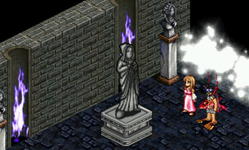 In-game screenshot of two robed statues flanking a purple flame in a stone corridor, with two Aislings standing nearby.