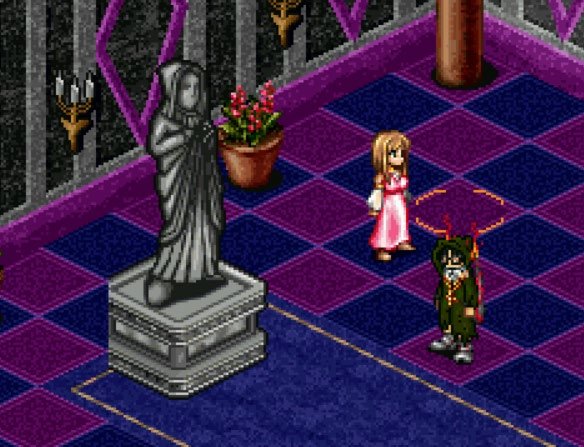 In-game screenshot of two Aislings standing before a robed statue and a flower pot in a purple-tiled temple hall.